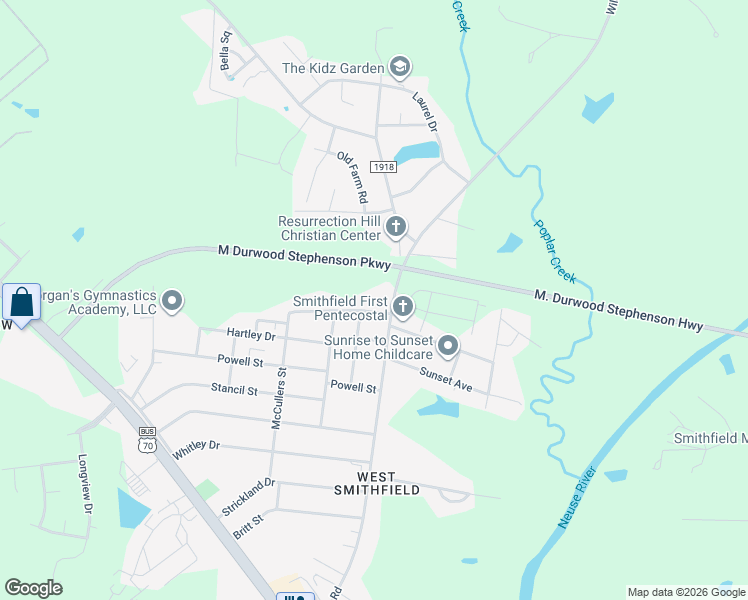 map of restaurants, bars, coffee shops, grocery stores, and more near 102 Shady Lane Drive in Smithfield