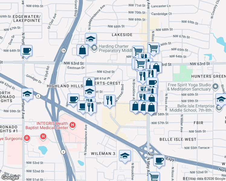 map of restaurants, bars, coffee shops, grocery stores, and more near 3101 NW 61st St in Oklahoma City