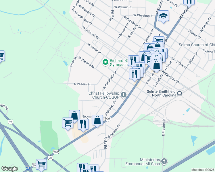 map of restaurants, bars, coffee shops, grocery stores, and more near 507 South Smithfield Street in Selma
