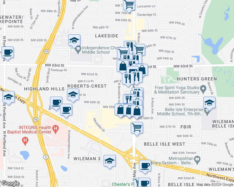 map of restaurants, bars, coffee shops, grocery stores, and more near 6105 North Brookline Avenue in Oklahoma City