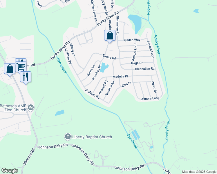 map of restaurants, bars, coffee shops, grocery stores, and more near 174 Scanlon Road in Mooresville