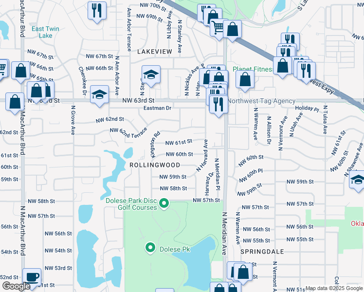 map of restaurants, bars, coffee shops, grocery stores, and more near 4636 Northwest 61st Street in Oklahoma City