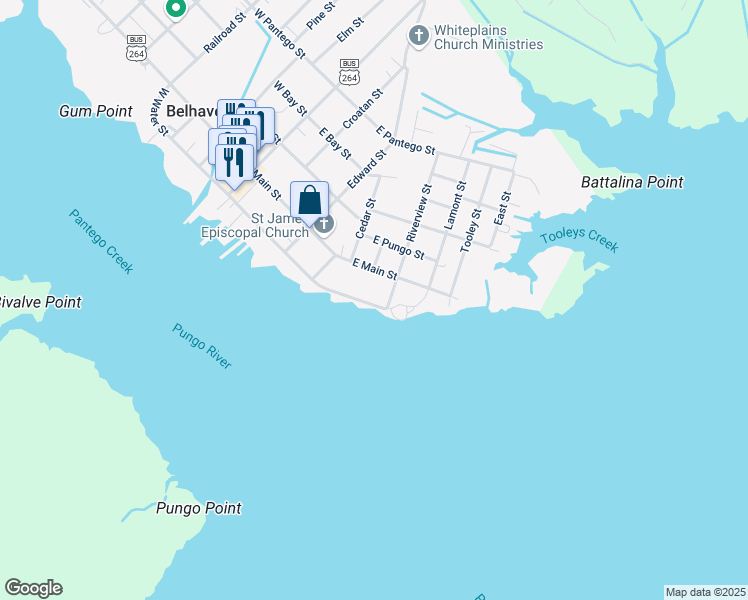map of restaurants, bars, coffee shops, grocery stores, and more near 681 East Water Street in Belhaven