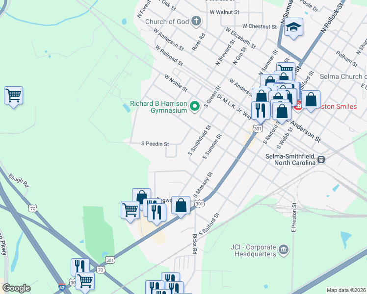 map of restaurants, bars, coffee shops, grocery stores, and more near 511 South Green Street in Selma
