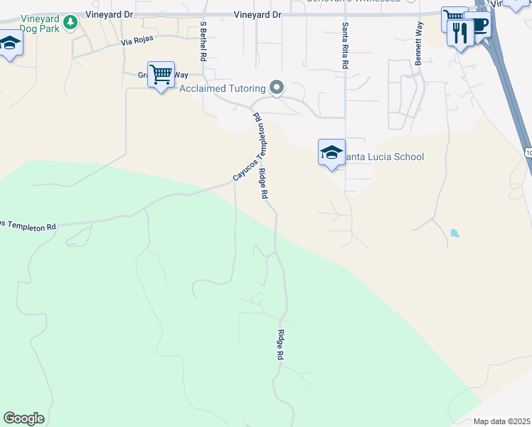 map of restaurants, bars, coffee shops, grocery stores, and more near 1490 Ridge Road in Templeton