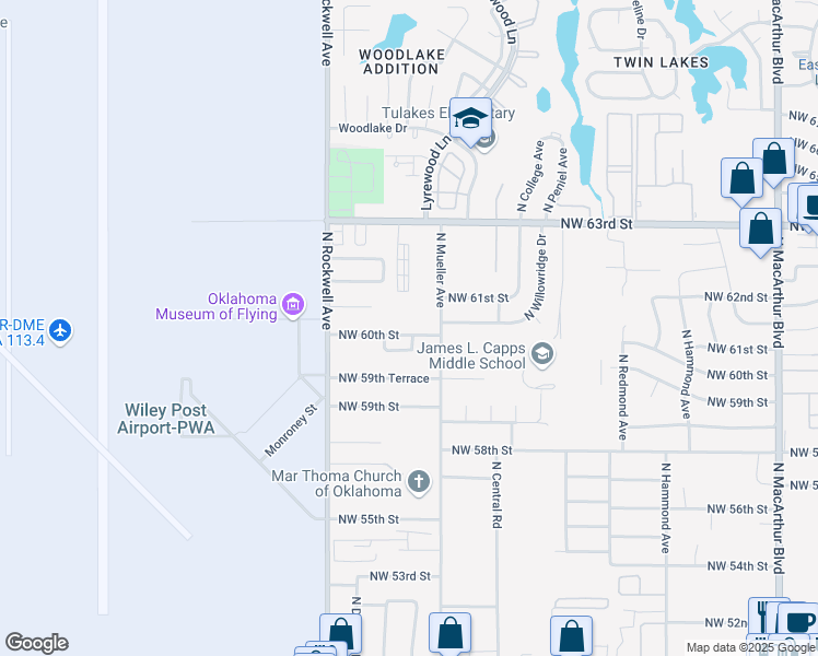 map of restaurants, bars, coffee shops, grocery stores, and more near 6901 NW 60th St in Bethany