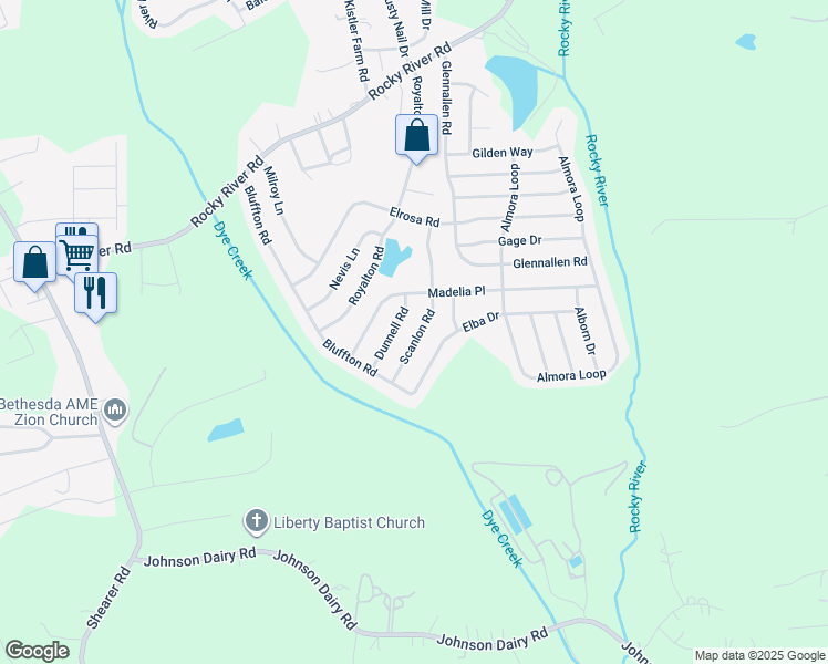 map of restaurants, bars, coffee shops, grocery stores, and more near 174 Scanlon Road in Mooresville