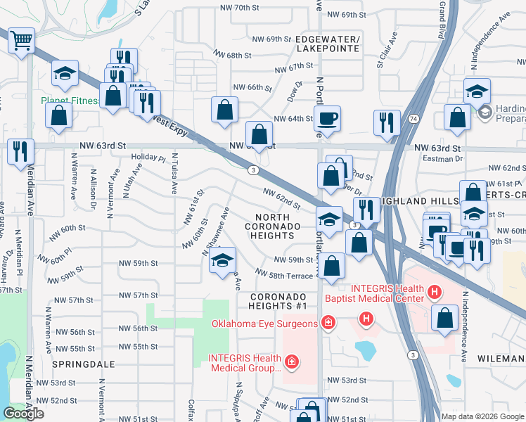map of restaurants, bars, coffee shops, grocery stores, and more near 3812 Northwest 61st Street in Oklahoma City