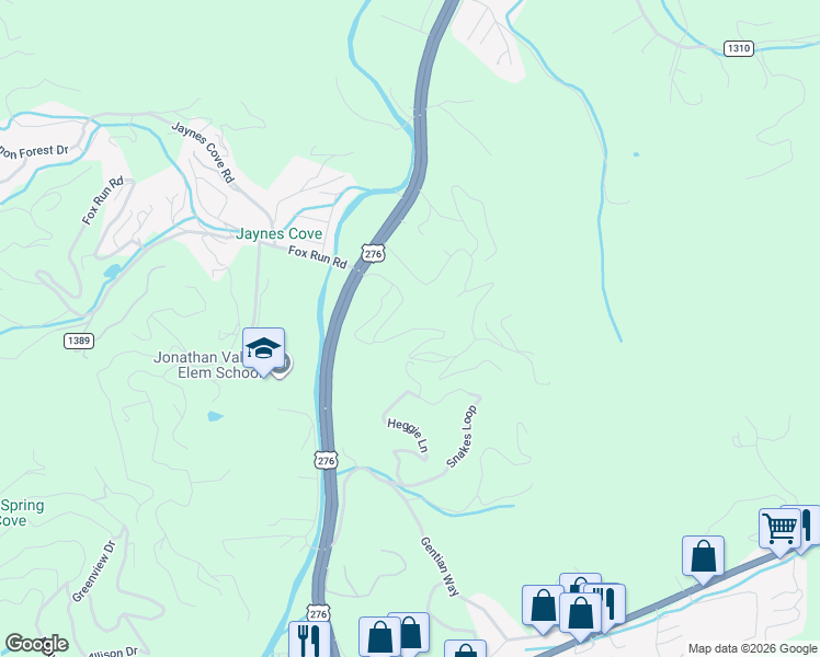 map of restaurants, bars, coffee shops, grocery stores, and more near 408 Whispering Winds Road in Waynesville