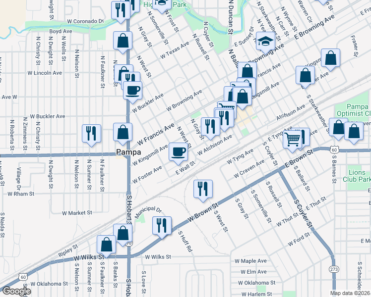 map of restaurants, bars, coffee shops, grocery stores, and more near 600 West Foster Avenue in Pampa