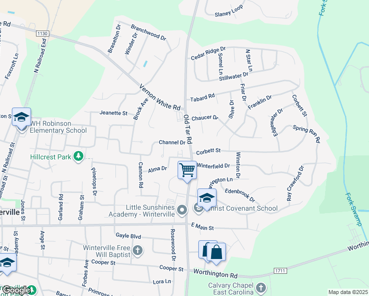map of restaurants, bars, coffee shops, grocery stores, and more near 620 Channel Drive in Winterville