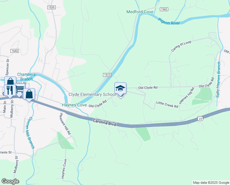 map of restaurants, bars, coffee shops, grocery stores, and more near 4235 Old Clyde Rd in Clyde
