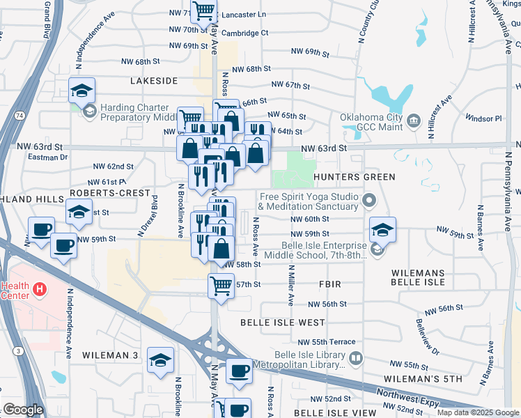 map of restaurants, bars, coffee shops, grocery stores, and more near 6102 North Ross Avenue in Oklahoma City