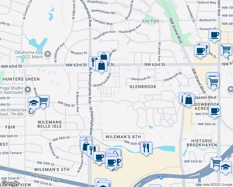 map of restaurants, bars, coffee shops, grocery stores, and more near 1620 Ashling Drive in Oklahoma City