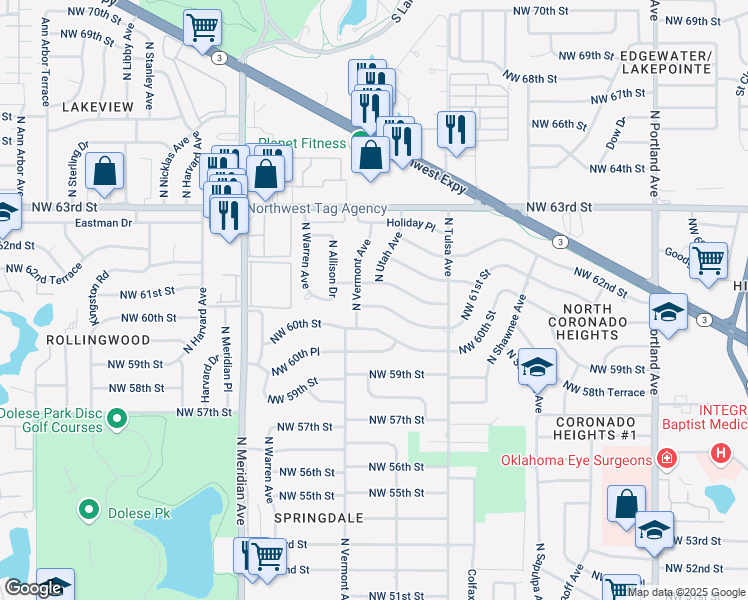 map of restaurants, bars, coffee shops, grocery stores, and more near 4233 Northwest 61st Street in Oklahoma City