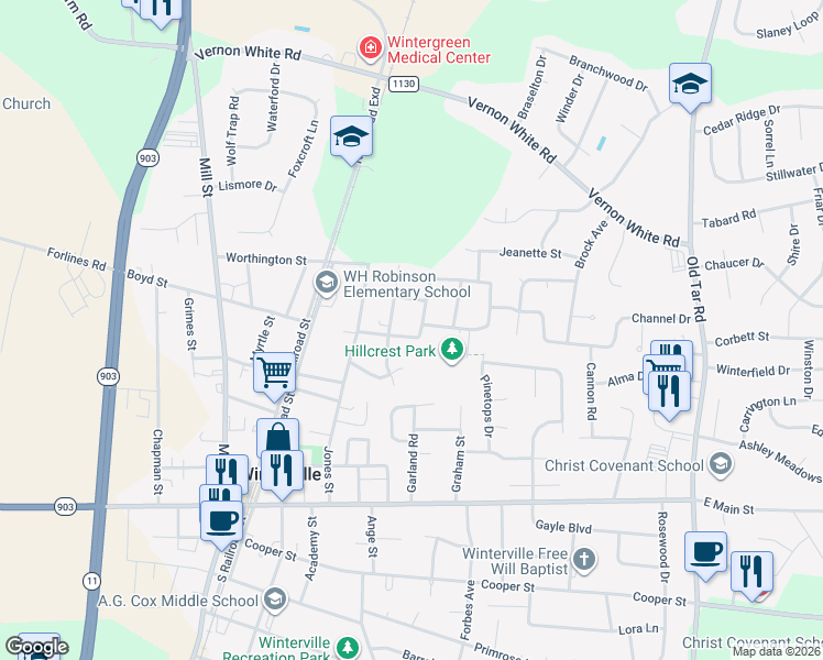 map of restaurants, bars, coffee shops, grocery stores, and more near Kennedy Street in Winterville