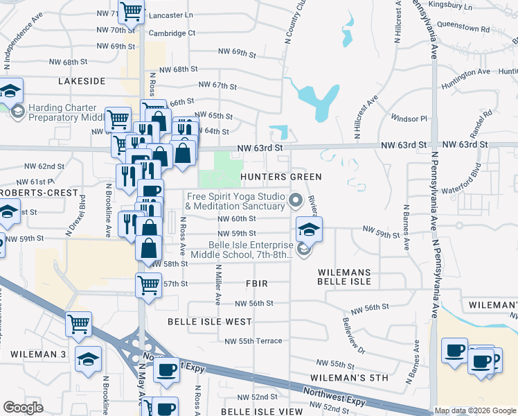 map of restaurants, bars, coffee shops, grocery stores, and more near 2528 Northwest 61st Street in Oklahoma City