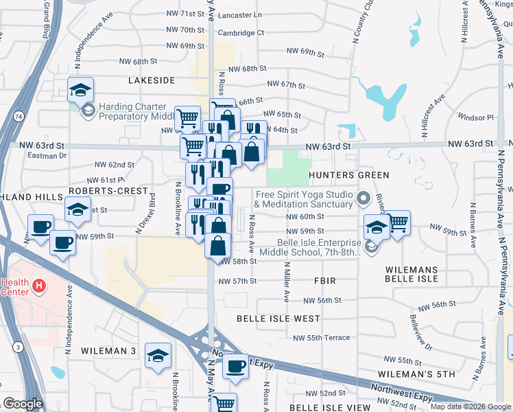 map of restaurants, bars, coffee shops, grocery stores, and more near 6102 North Ross Avenue in Oklahoma City