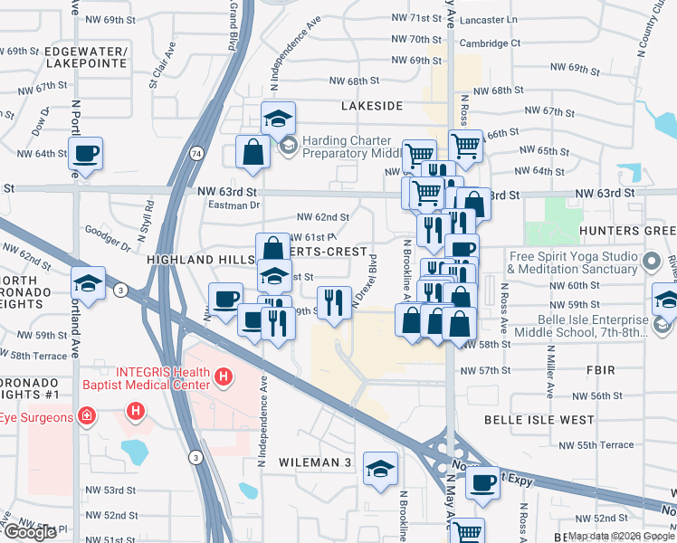 map of restaurants, bars, coffee shops, grocery stores, and more near 3101 Northwest 61st Street in Oklahoma City