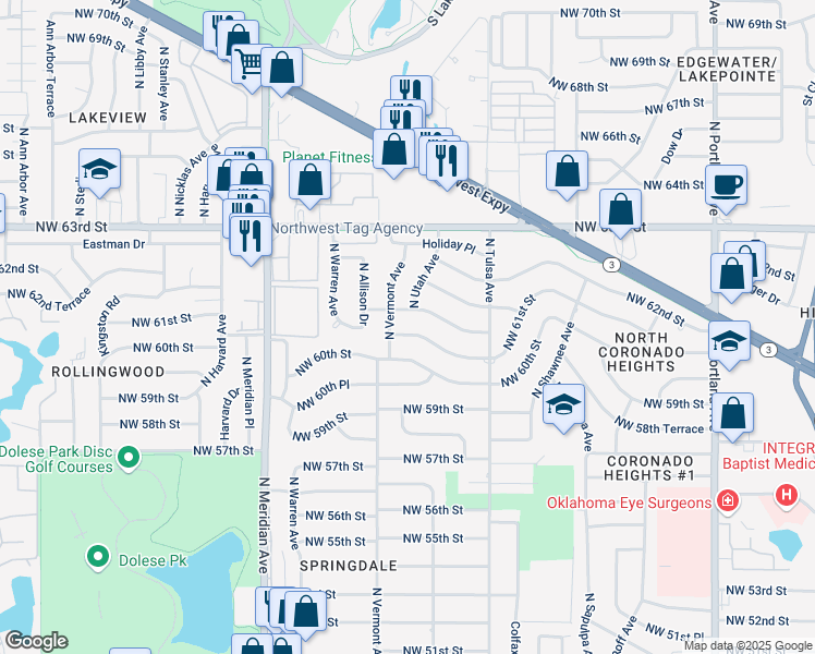 map of restaurants, bars, coffee shops, grocery stores, and more near 4233 Northwest 61st Street in Oklahoma City