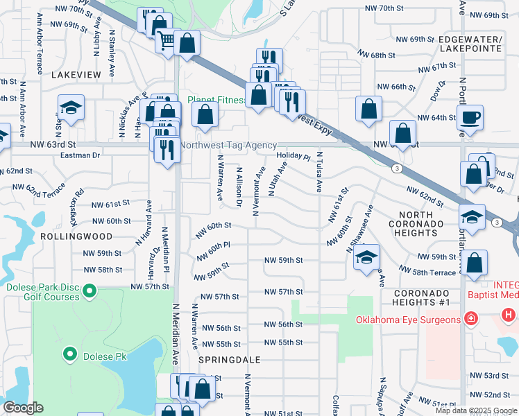 map of restaurants, bars, coffee shops, grocery stores, and more near 4233 Northwest 61st Street in Oklahoma City