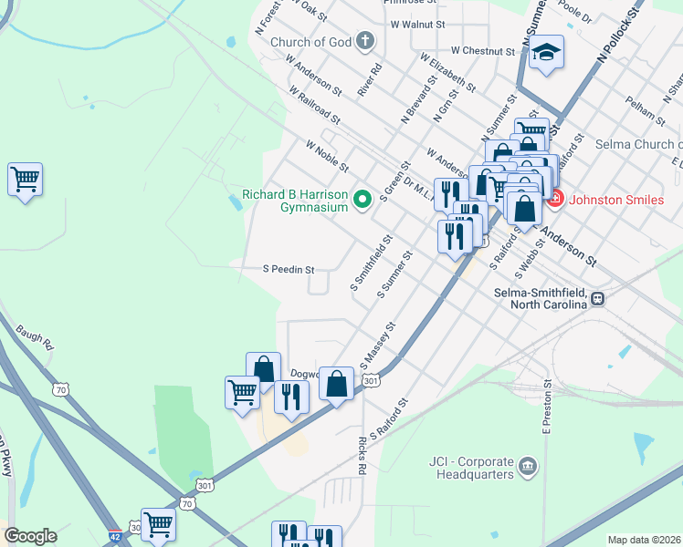 map of restaurants, bars, coffee shops, grocery stores, and more near 511 South Green Street in Selma