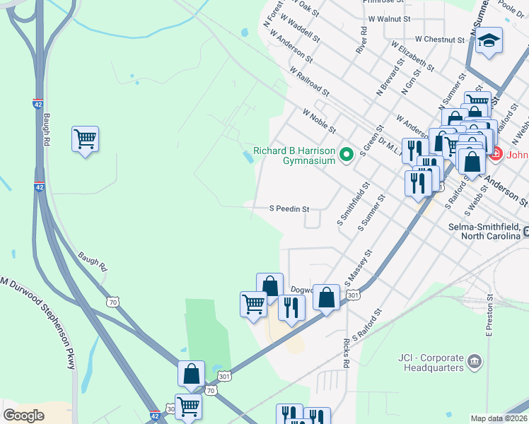 map of restaurants, bars, coffee shops, grocery stores, and more near 807 South Peedin Street in Selma