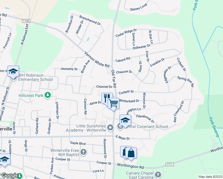 map of restaurants, bars, coffee shops, grocery stores, and more near 620 Channel Drive in Winterville