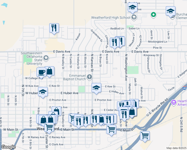 map of restaurants, bars, coffee shops, grocery stores, and more near 814 North Kansas Street in Weatherford