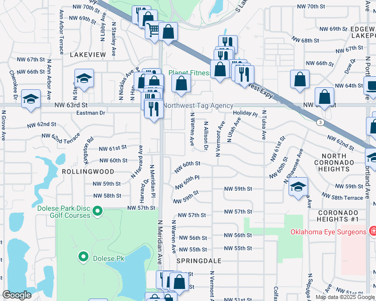 map of restaurants, bars, coffee shops, grocery stores, and more near 4328 Northwest 61st Terrace in Oklahoma City