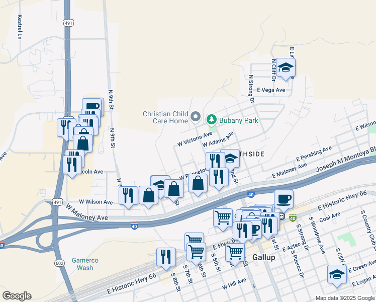 map of restaurants, bars, coffee shops, grocery stores, and more near 631 North 4th Street in Gallup