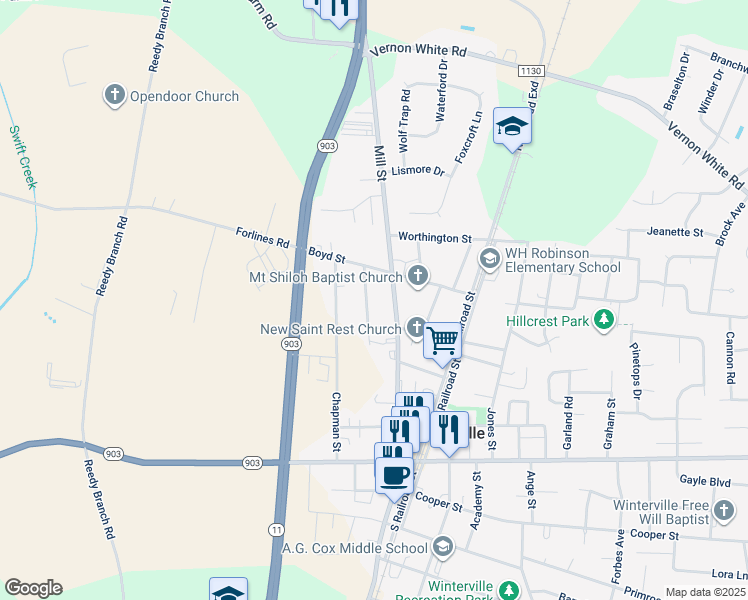 map of restaurants, bars, coffee shops, grocery stores, and more near 2435 Grimes Street in Winterville
