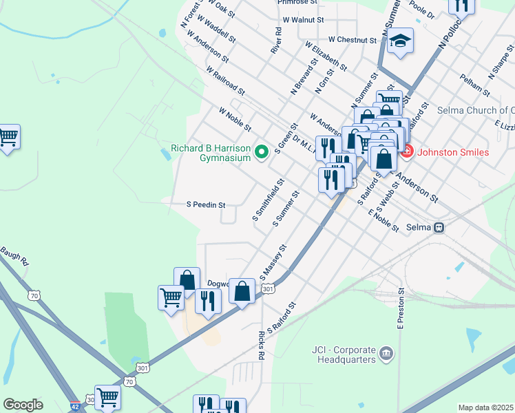 map of restaurants, bars, coffee shops, grocery stores, and more near 507 South Smithfield Street in Selma