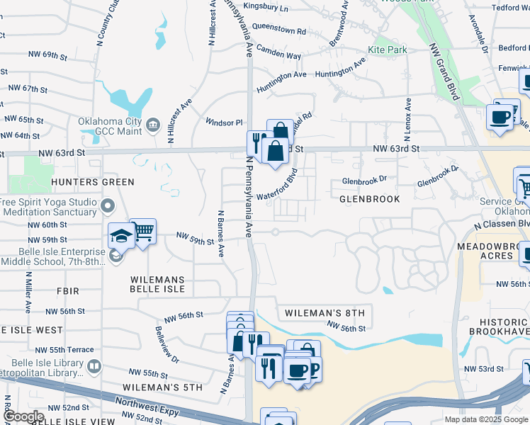 map of restaurants, bars, coffee shops, grocery stores, and more near 6110 North Pennsylvania Avenue in Oklahoma City