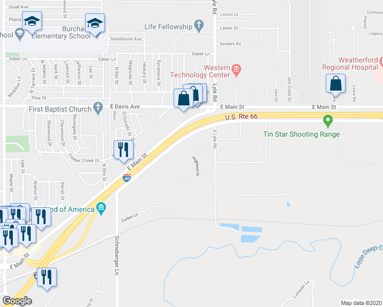 map of restaurants, bars, coffee shops, grocery stores, and more near 2107 Valley View Road in Weatherford