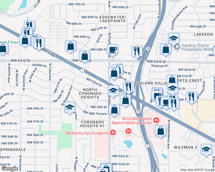 map of restaurants, bars, coffee shops, grocery stores, and more near 3701 Northwest 62nd Street in Oklahoma City