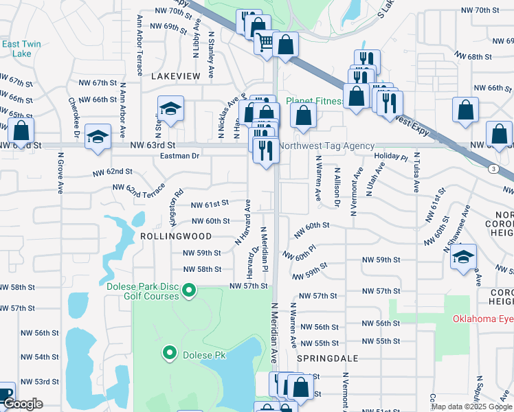 map of restaurants, bars, coffee shops, grocery stores, and more near 6113 North Meridian Avenue in Oklahoma City