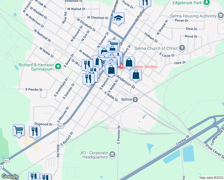 map of restaurants, bars, coffee shops, grocery stores, and more near 201 South Webb Street in Selma