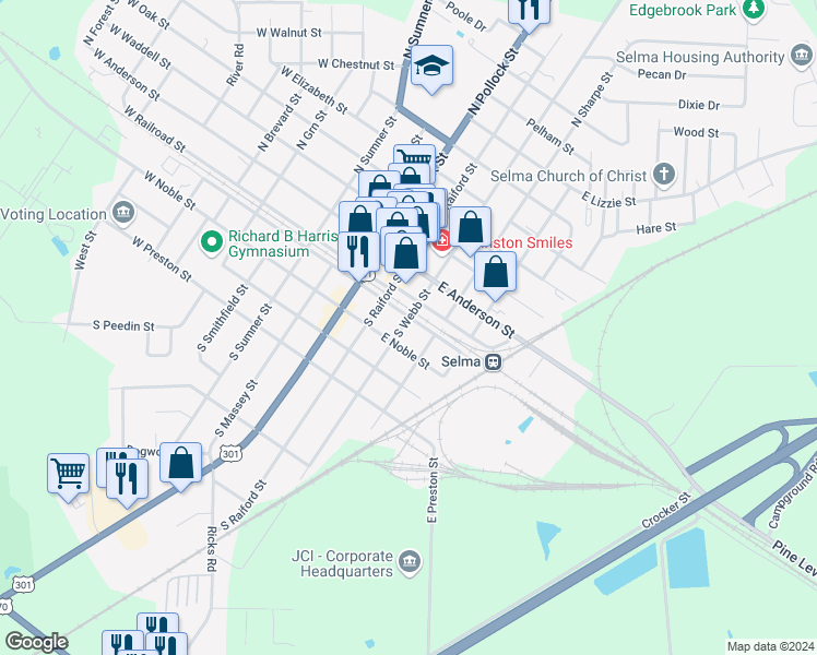 map of restaurants, bars, coffee shops, grocery stores, and more near 201 South Webb Street in Selma