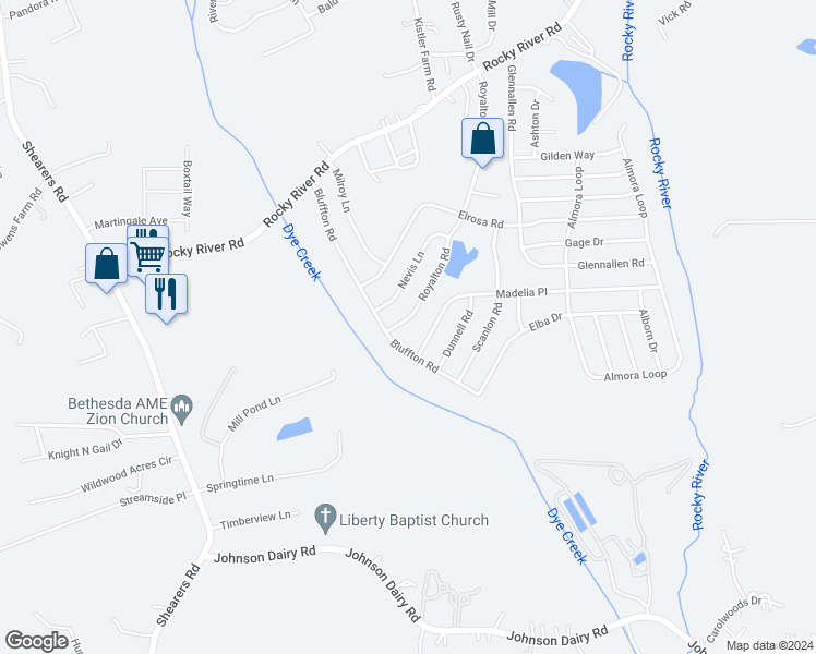 map of restaurants, bars, coffee shops, grocery stores, and more near 257 Royalton Road in Mooresville