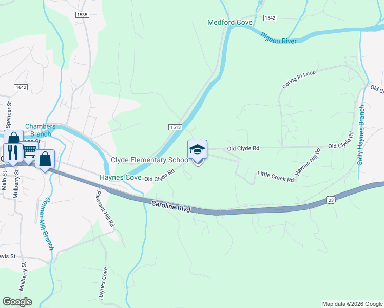 map of restaurants, bars, coffee shops, grocery stores, and more near 4235 Old Clyde Road in Clyde