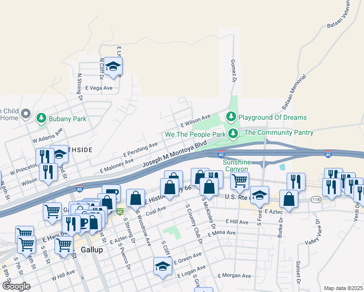 map of restaurants, bars, coffee shops, grocery stores, and more near 519 Jm Montoya Boulevard in Gallup