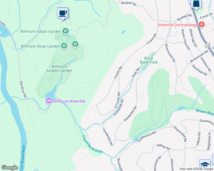 map of restaurants, bars, coffee shops, grocery stores, and more near 73 Forest Road in Biltmore Forest