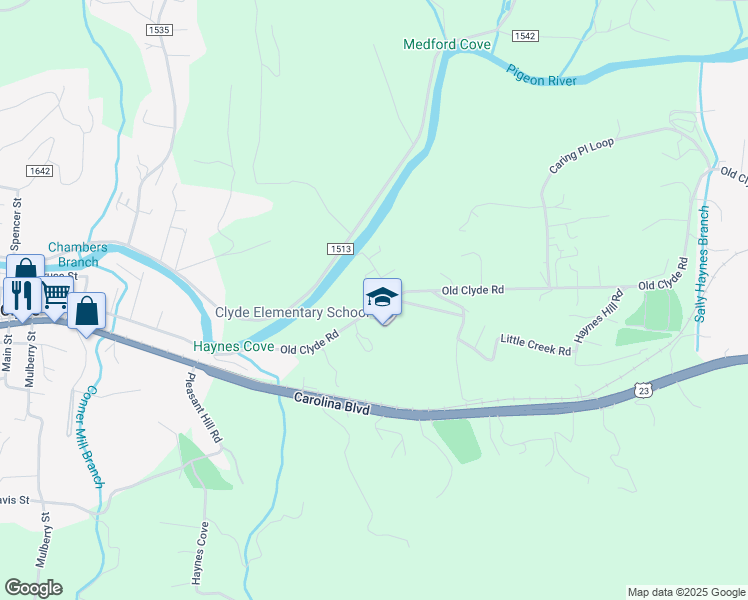 map of restaurants, bars, coffee shops, grocery stores, and more near 4235 Old Clyde Road in Clyde