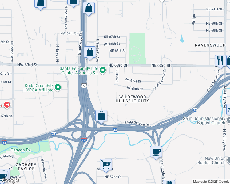 map of restaurants, bars, coffee shops, grocery stores, and more near 5908 Braniff Drive in Oklahoma City