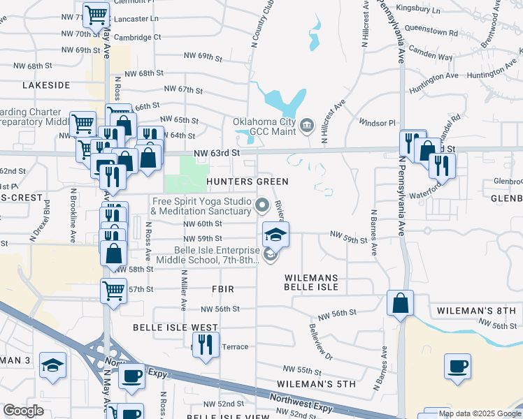 map of restaurants, bars, coffee shops, grocery stores, and more near 6027 Riviera Drive in Oklahoma City