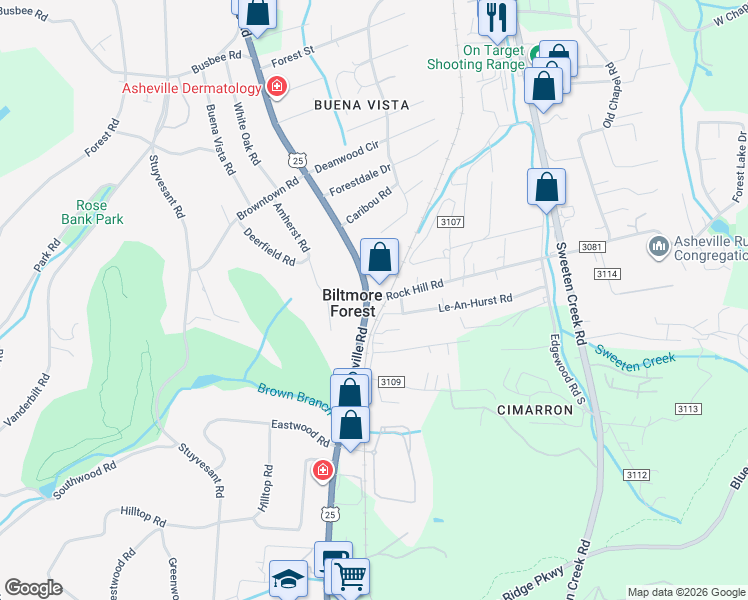 map of restaurants, bars, coffee shops, grocery stores, and more near 24 Le-An-Hurst Road in Asheville