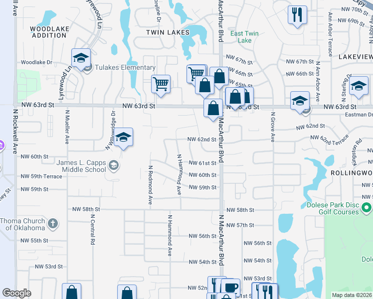 map of restaurants, bars, coffee shops, grocery stores, and more near 6217 Reeves Court in Warr Acres