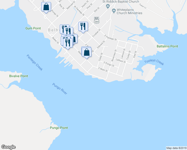 map of restaurants, bars, coffee shops, grocery stores, and more near 637 Water Street in Belhaven