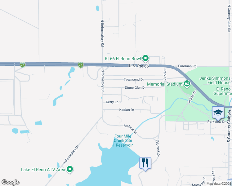 map of restaurants, bars, coffee shops, grocery stores, and more near 2601 Homestead Drive in El Reno